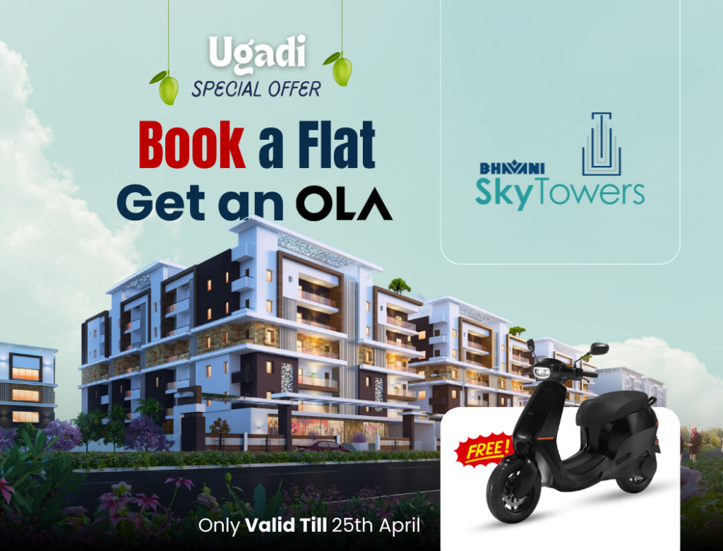 a poster image of a apartment in nellore named sky towers booking offer that is buy a flat and get a OLA electric scooty free